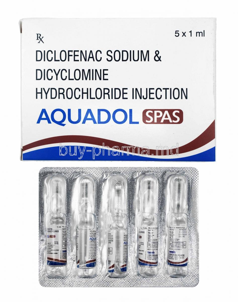 Aquadol Spas Injection, Dicyclomine and Diclofenac box and ampoules
