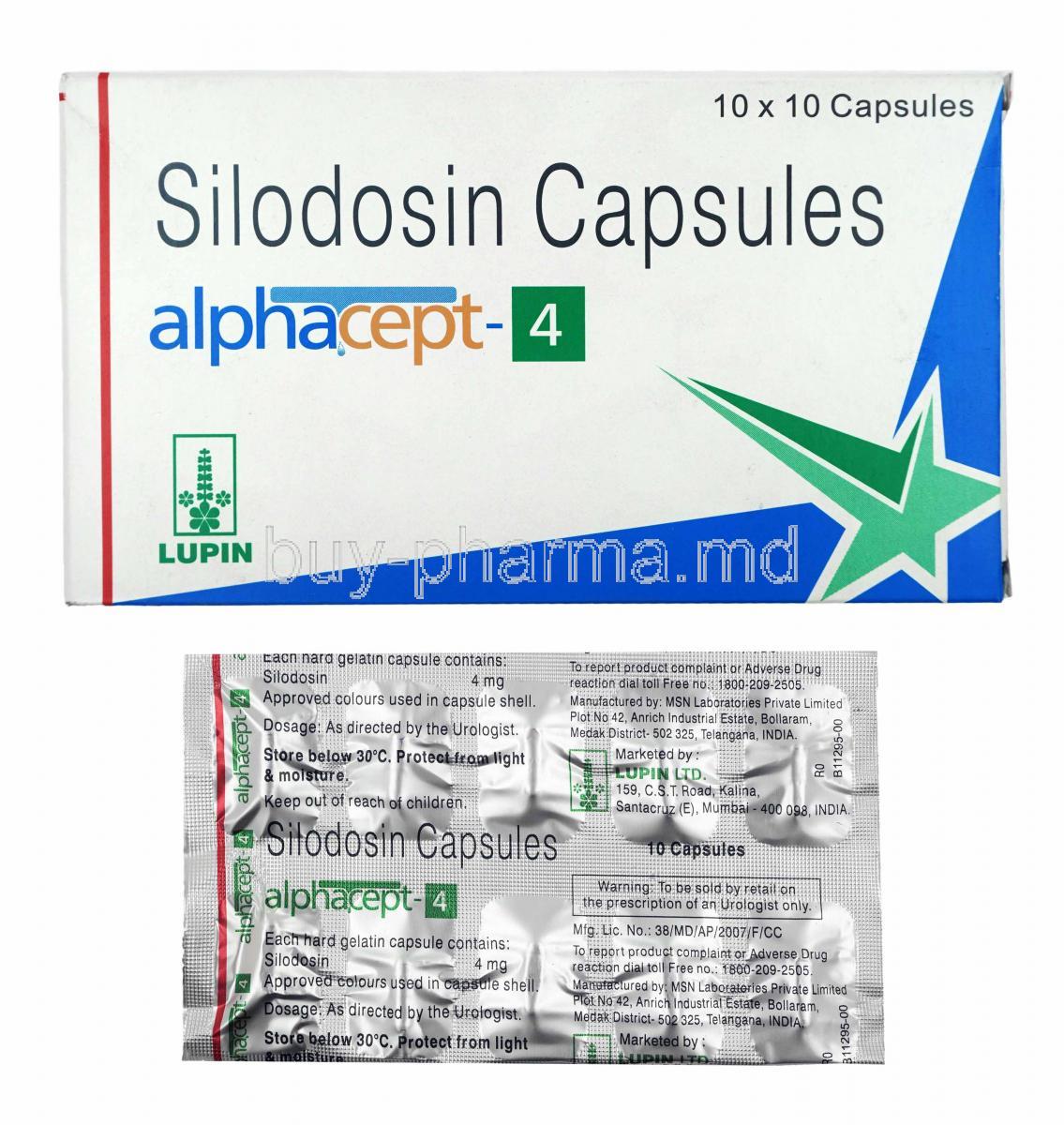 Alphacept, Silodosin 4mg box and capsules