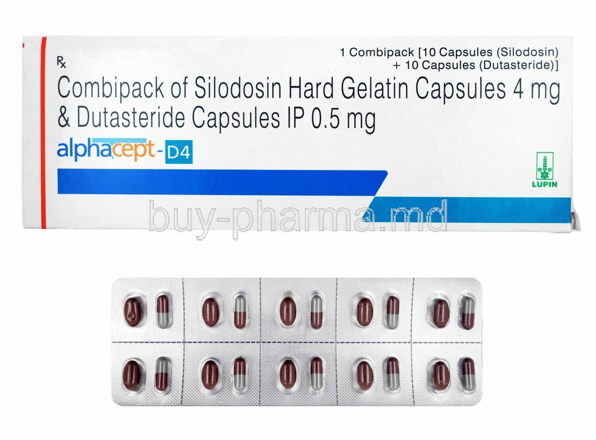 Alphacept-D Combipack, Silodosin 4mg and  Dutasteride box and capsules