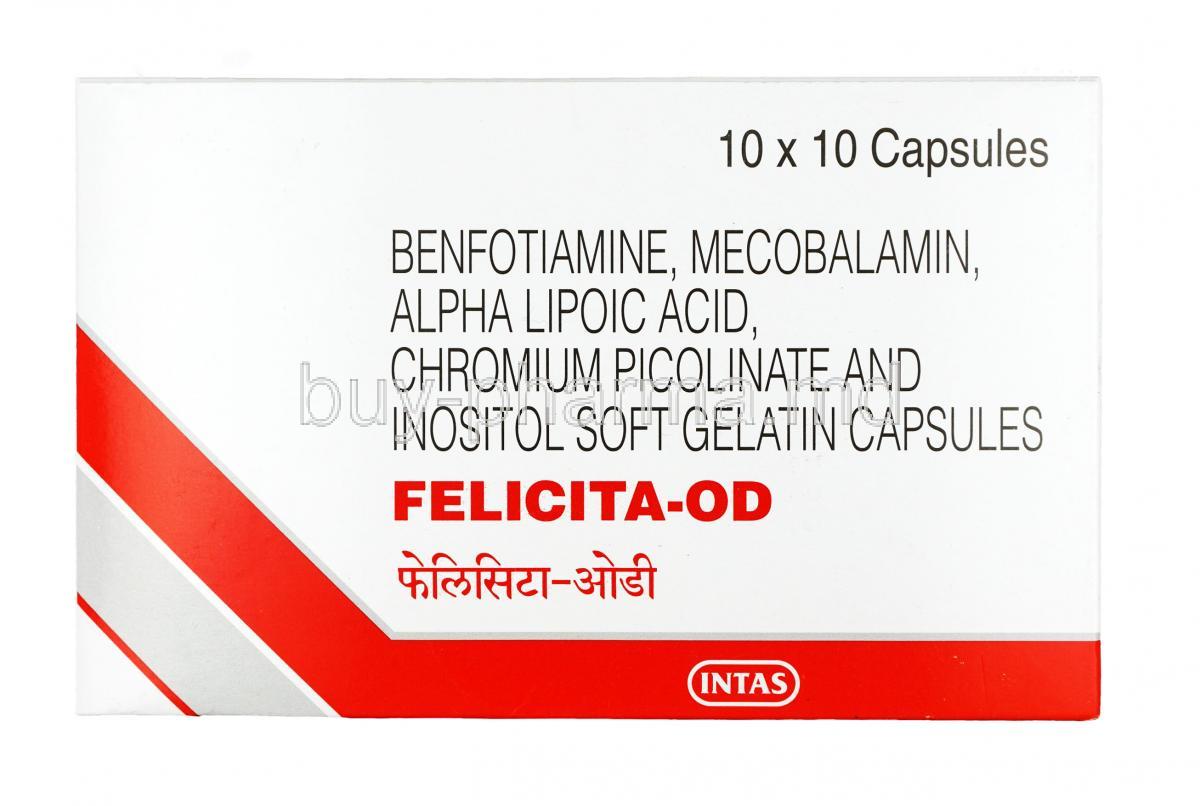 Felicita OD, benfotiamine, methylcobalamin, alpha lipoic acid, inositol and chromium picolinate,50 mg,Soft Gelatin Capsule,box