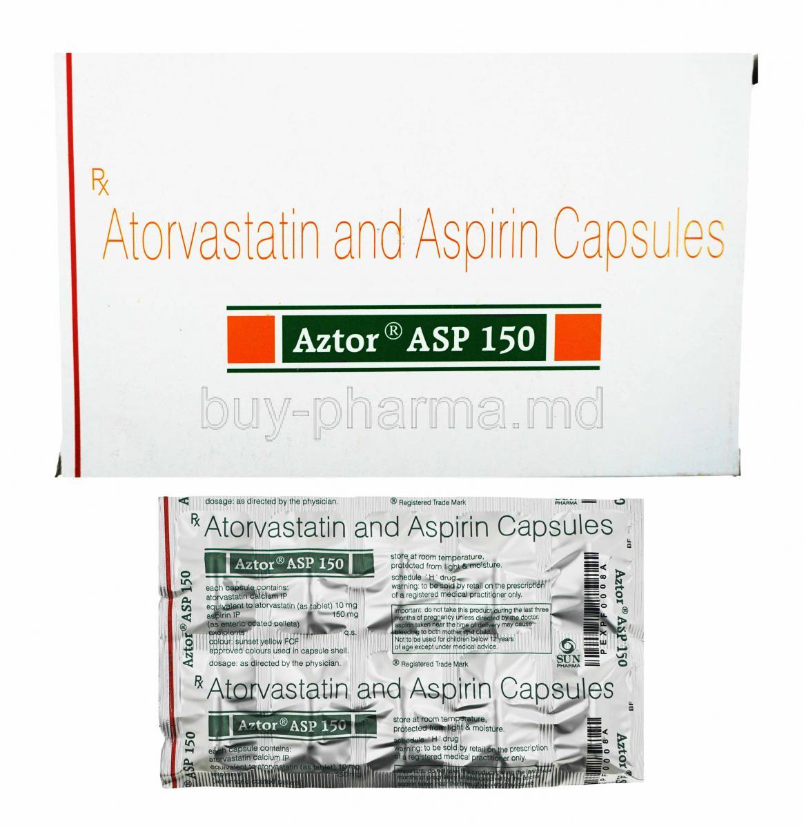 Aztor ASP, Atorvastatin 10mg and Aspirin  150mg box and capsules