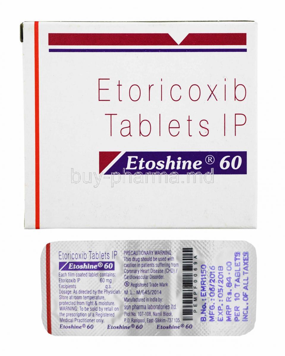 Etoshine, Etoricoxib 60mg box and tablets
