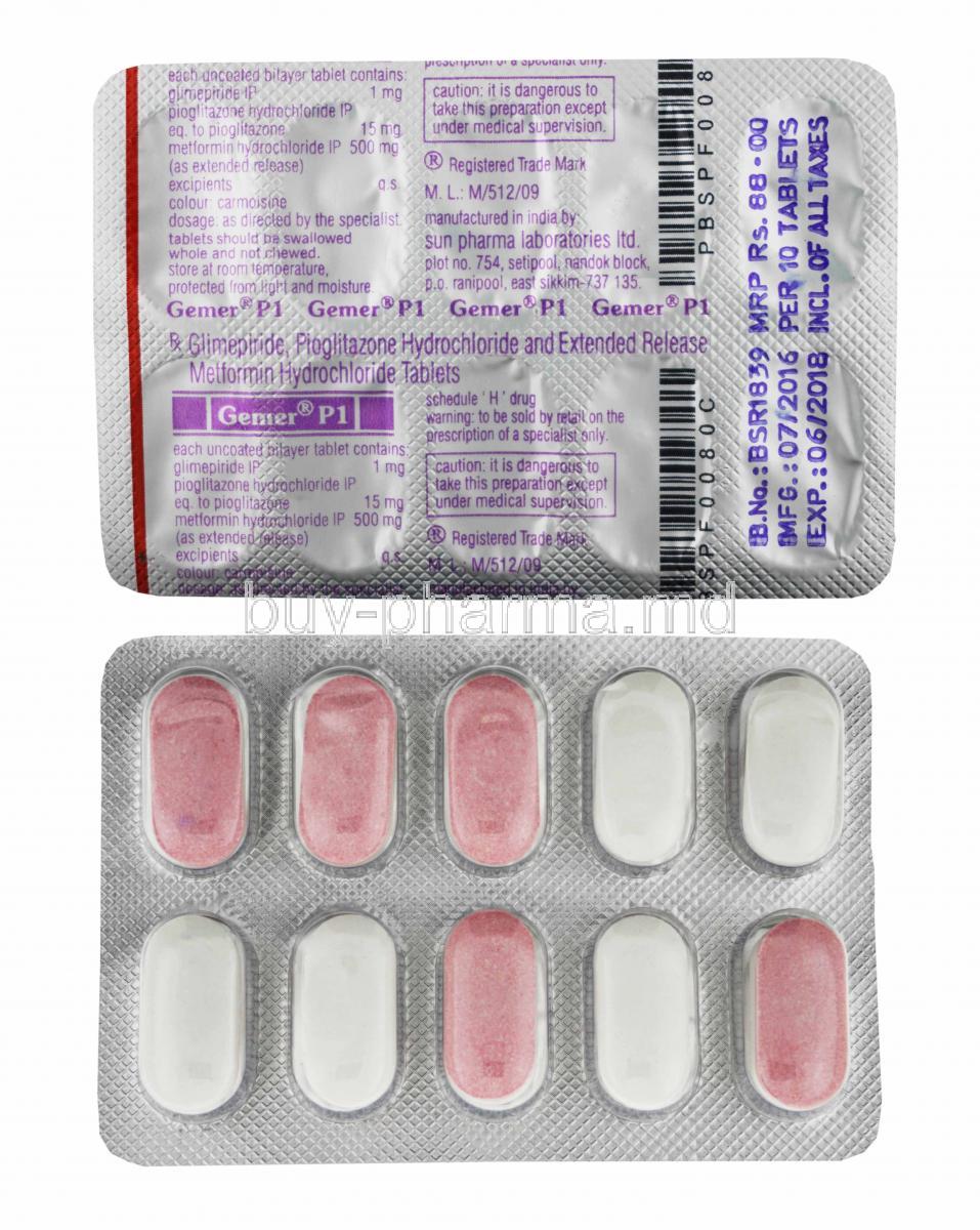 Gemer P, Glimepiride 1mg and Metformin 500mg tablets