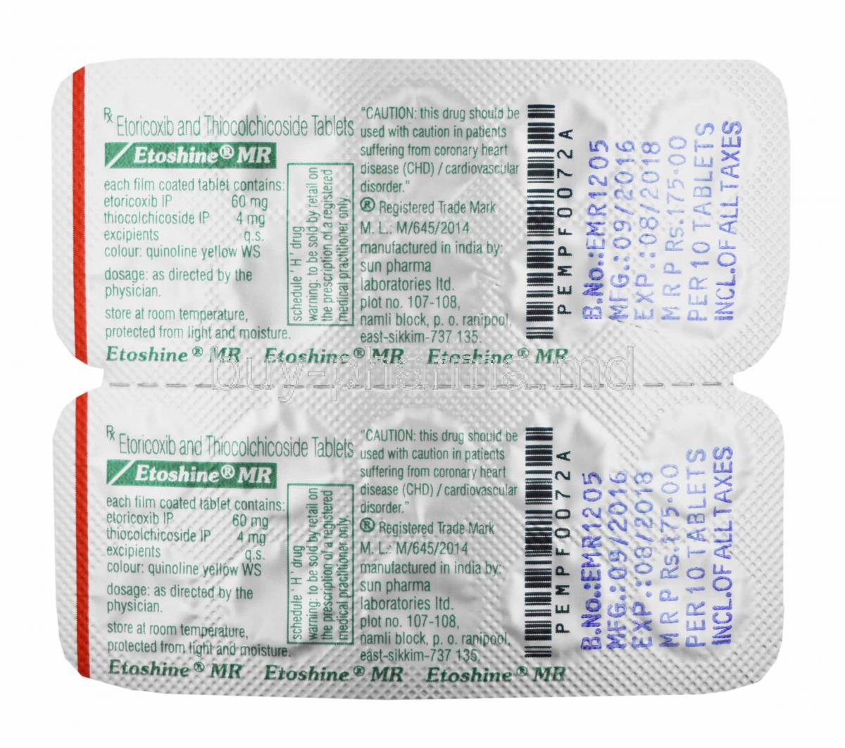 Etoshine MR, Etoricoxib and Thiocolchicoside tablets back