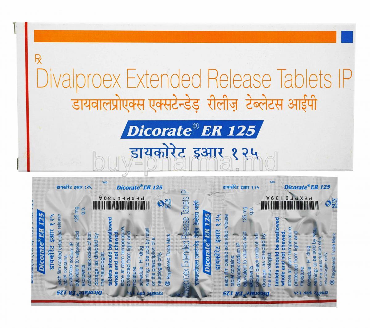 Dicorate ER, Divalproex 125mg box and tablets
