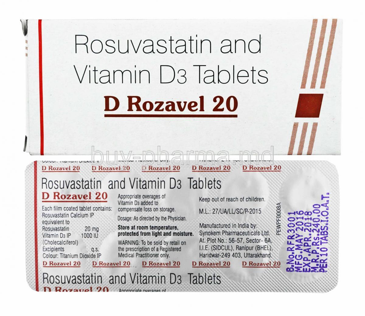 D Rozavel, Rosuvastatin and Vitamin D3 box and tablets