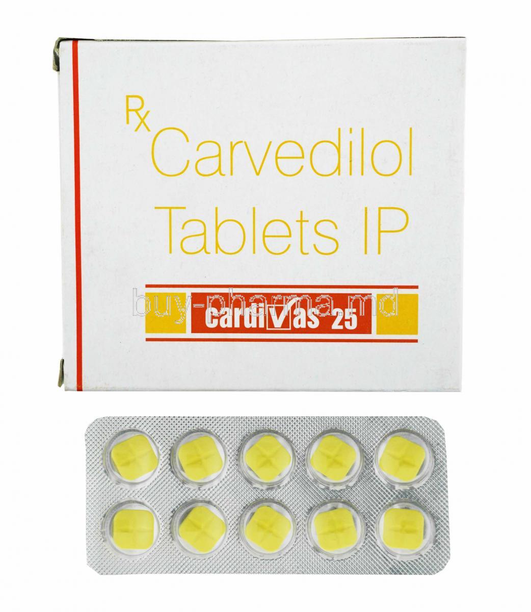 Cardivas, Carvedilol 25mg box and tablets