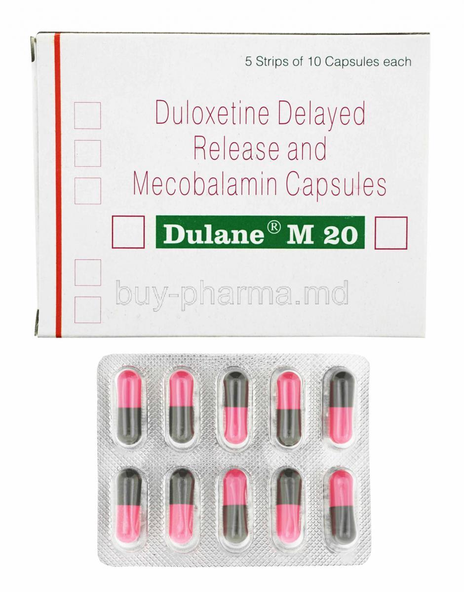 Dulane M, Duloxetine 20mg and Methylcobalamin 1.5mg box and capsules