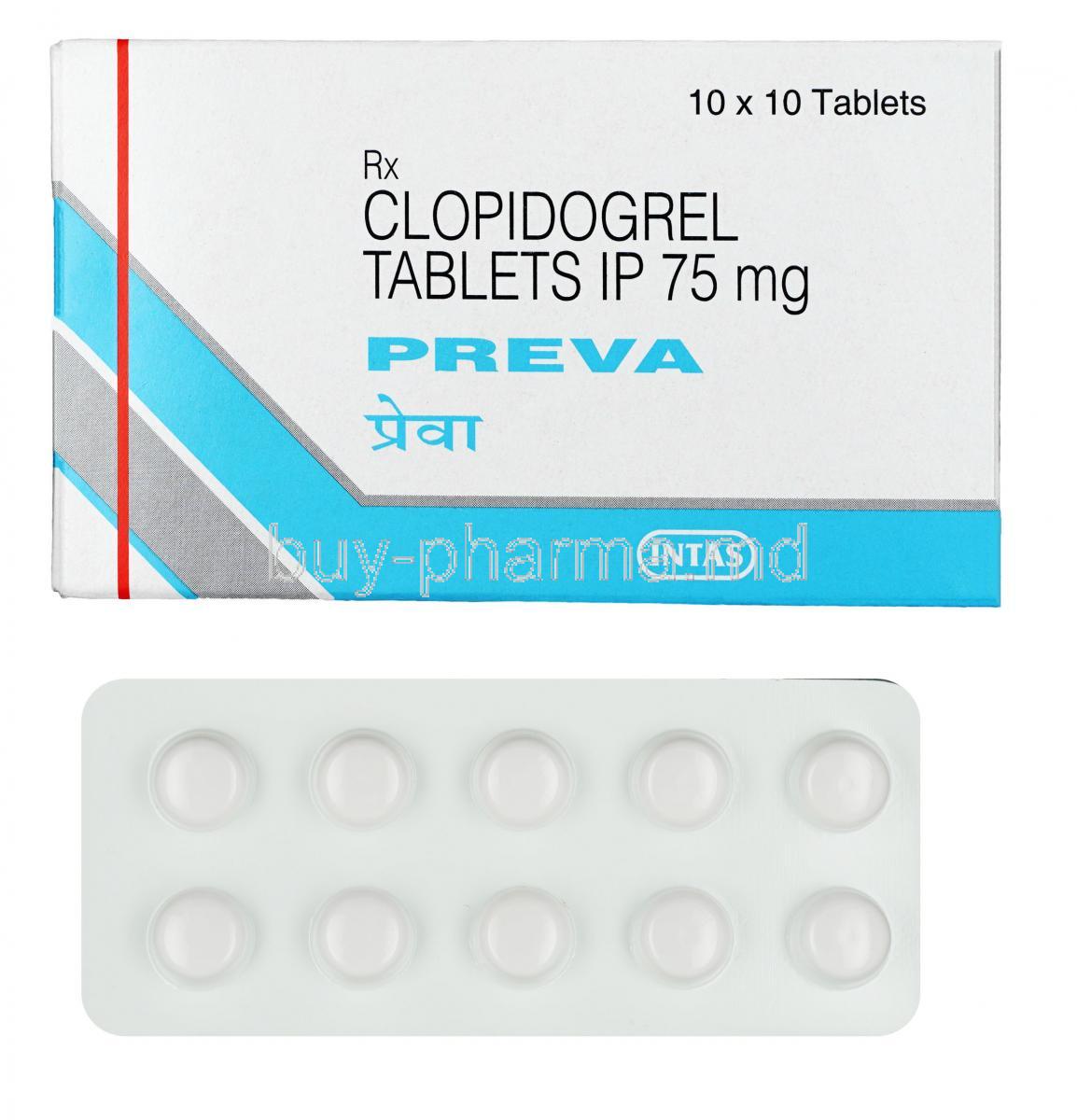 Preva, Clopidogrel, 75 mg, Tablet, box and sheet
