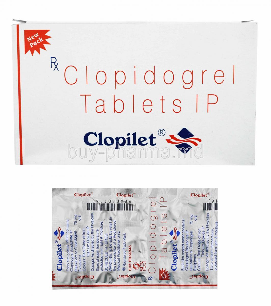 Clopilet, Clopidogrel 75mg box and tablets