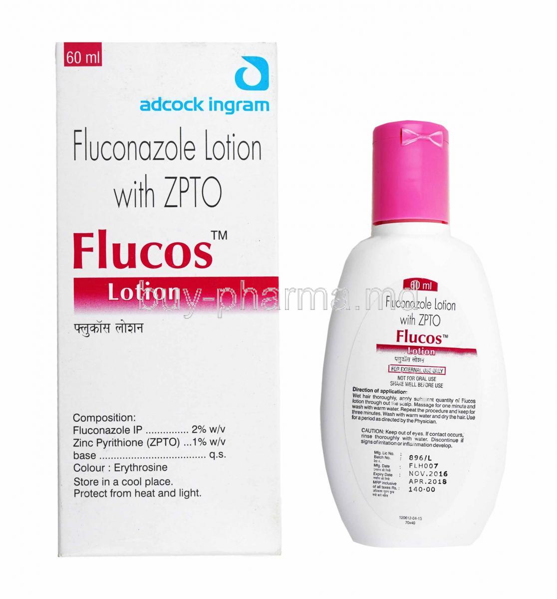 Flucos Lotion, Fluconazole and Zinc pyrithione box and bottle