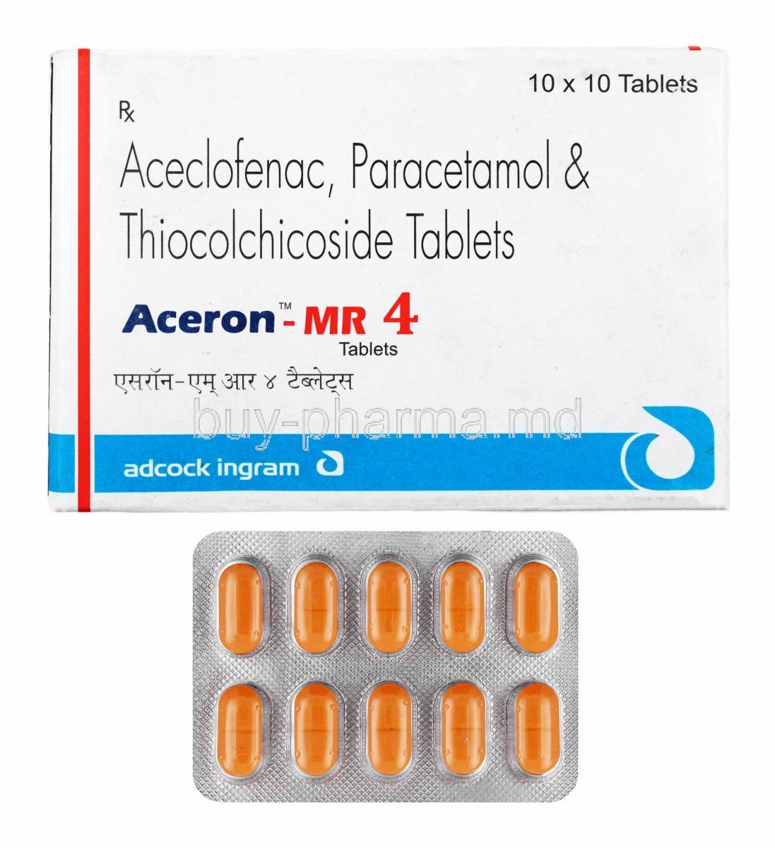 Aceron-MR, Aceclofenac and Thiocolchicoside box and tablets