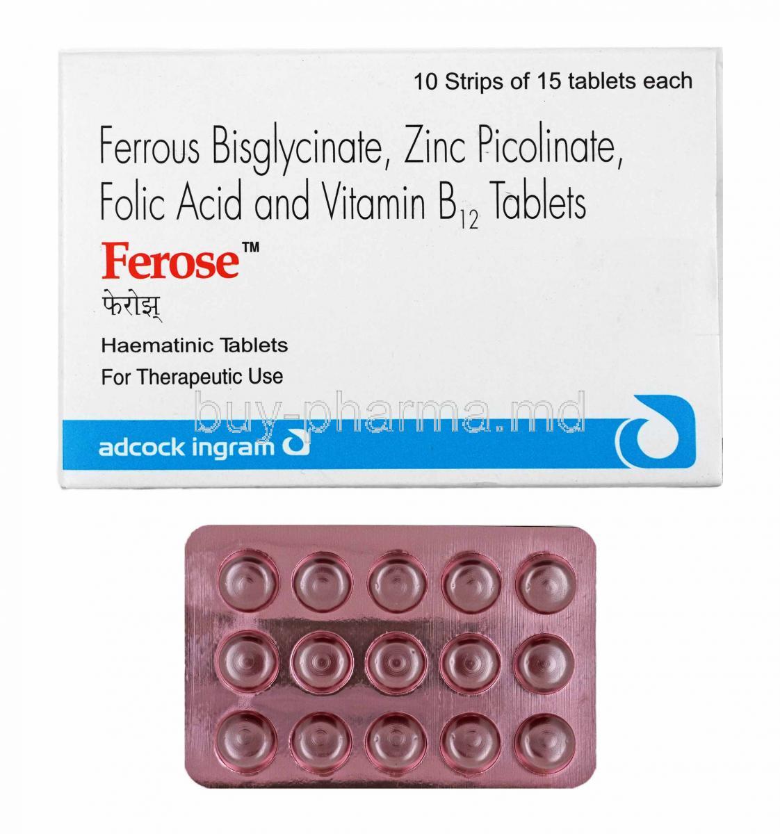 Ferose, Iron, Zinc, Folic Acid and Vitamin B12 box and tablets