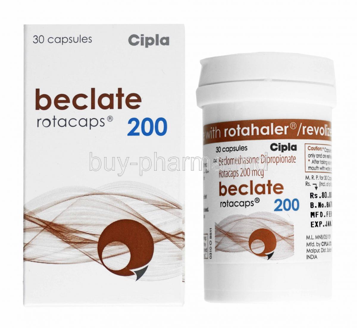 Beclate Rotacap, Beclometasone 200mcg box and container