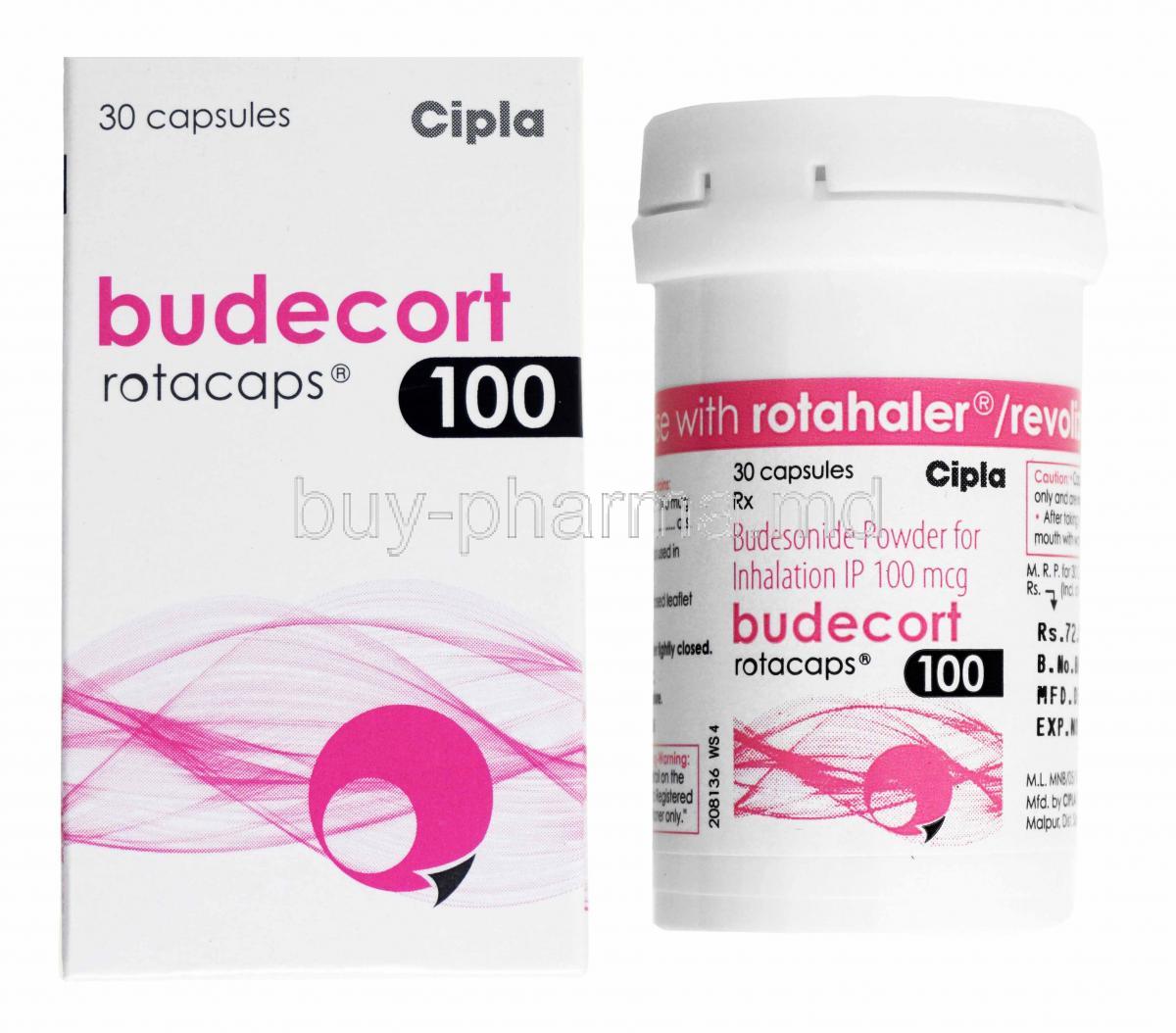 Budecort Rotacap, Budesonide 100mcg box and capsule bottle