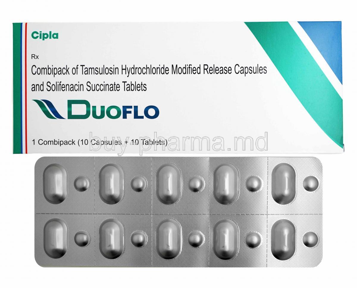 Duoflo Combipack, Tamsulosin and Solifenacin box and tablets