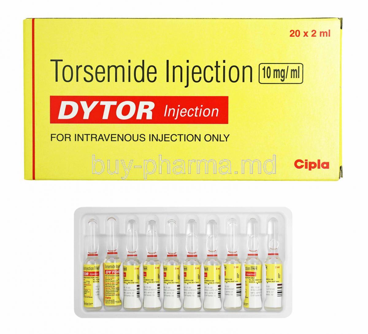 Dytor Injection, Torsemide box and ampoules