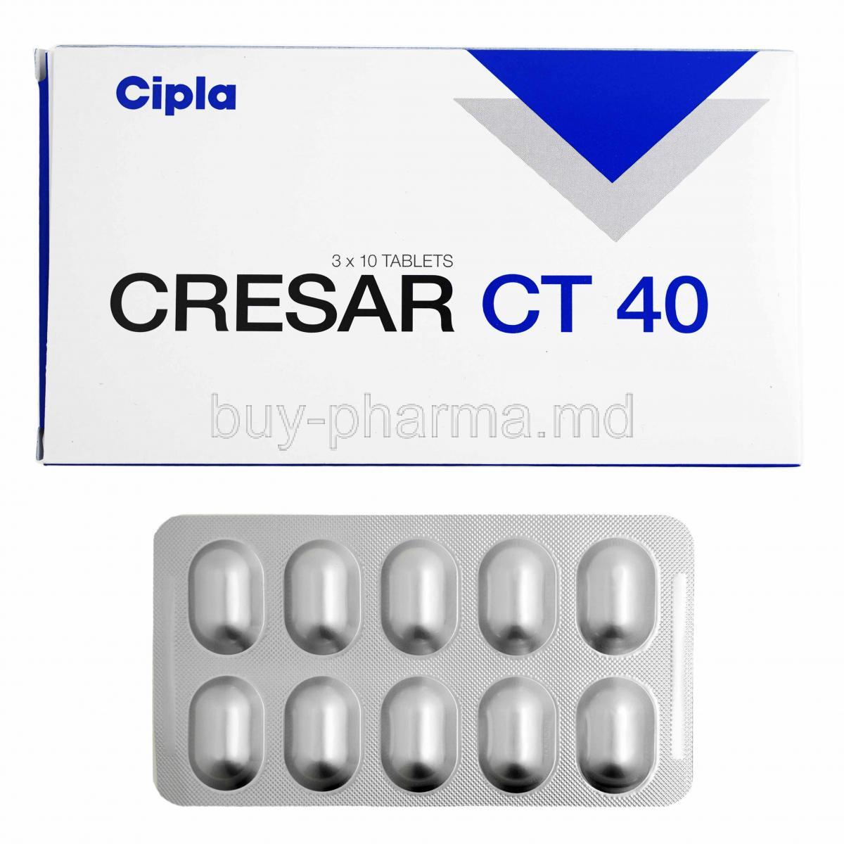 Cresar CT, Telmisartan 40mg and Chlorthalidone 12.5mg box and tablets