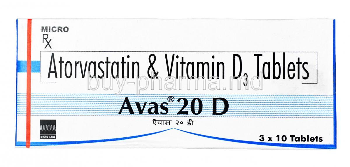 Avas 20 D, Atorvastatin (20mg) + Vitamin D3 (1000IU), Tablet, box
