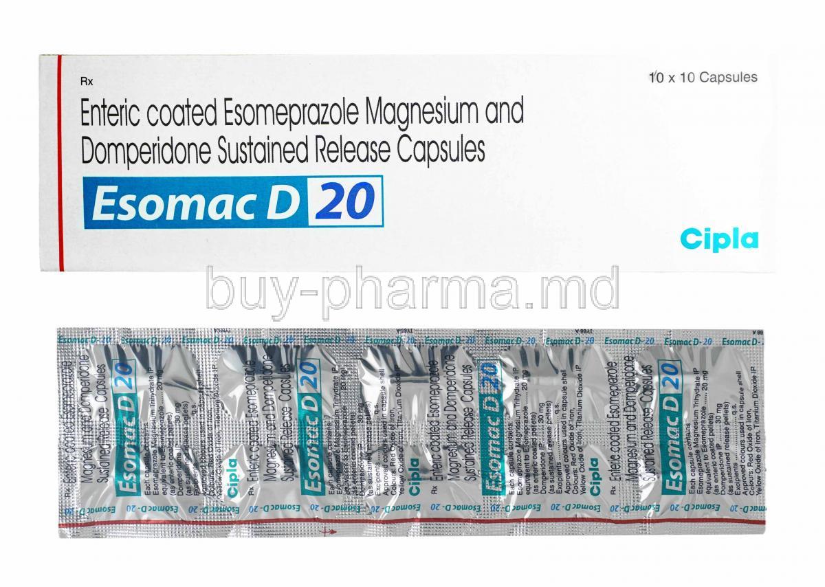 Esomac D, Domperidone 30mg and Esomeprazole 20mg box and capsules