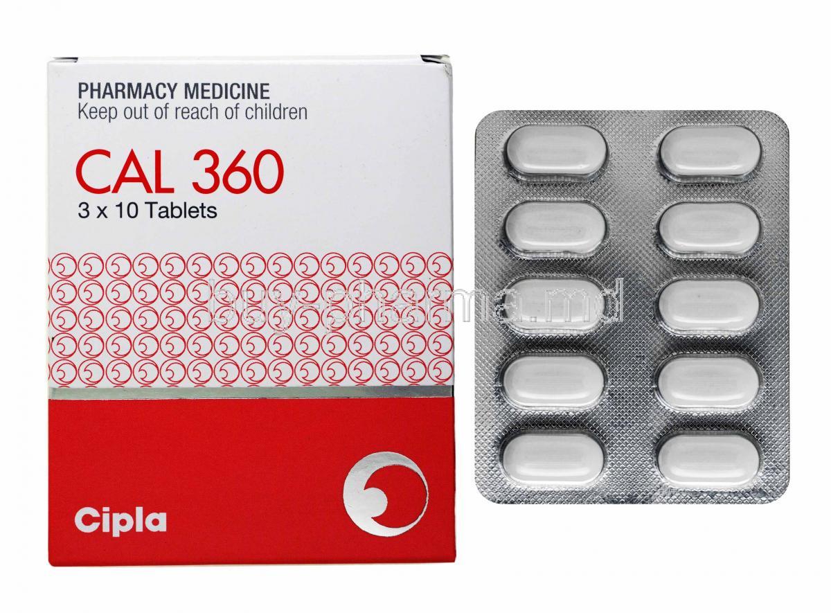 Cal 360, Calcium and Colecalciferol box and tablets