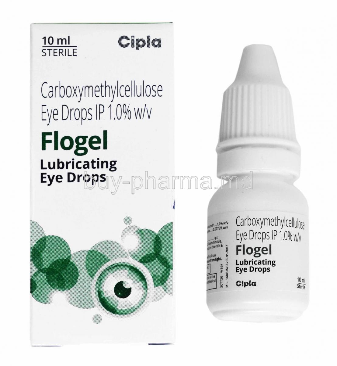 Flogel Eye Drop, Carboxymethylcellulose box and bottle