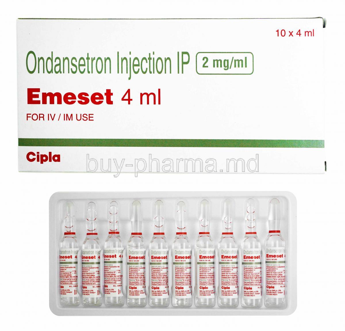 Emeset Injection, Ondansetron box and ampoules