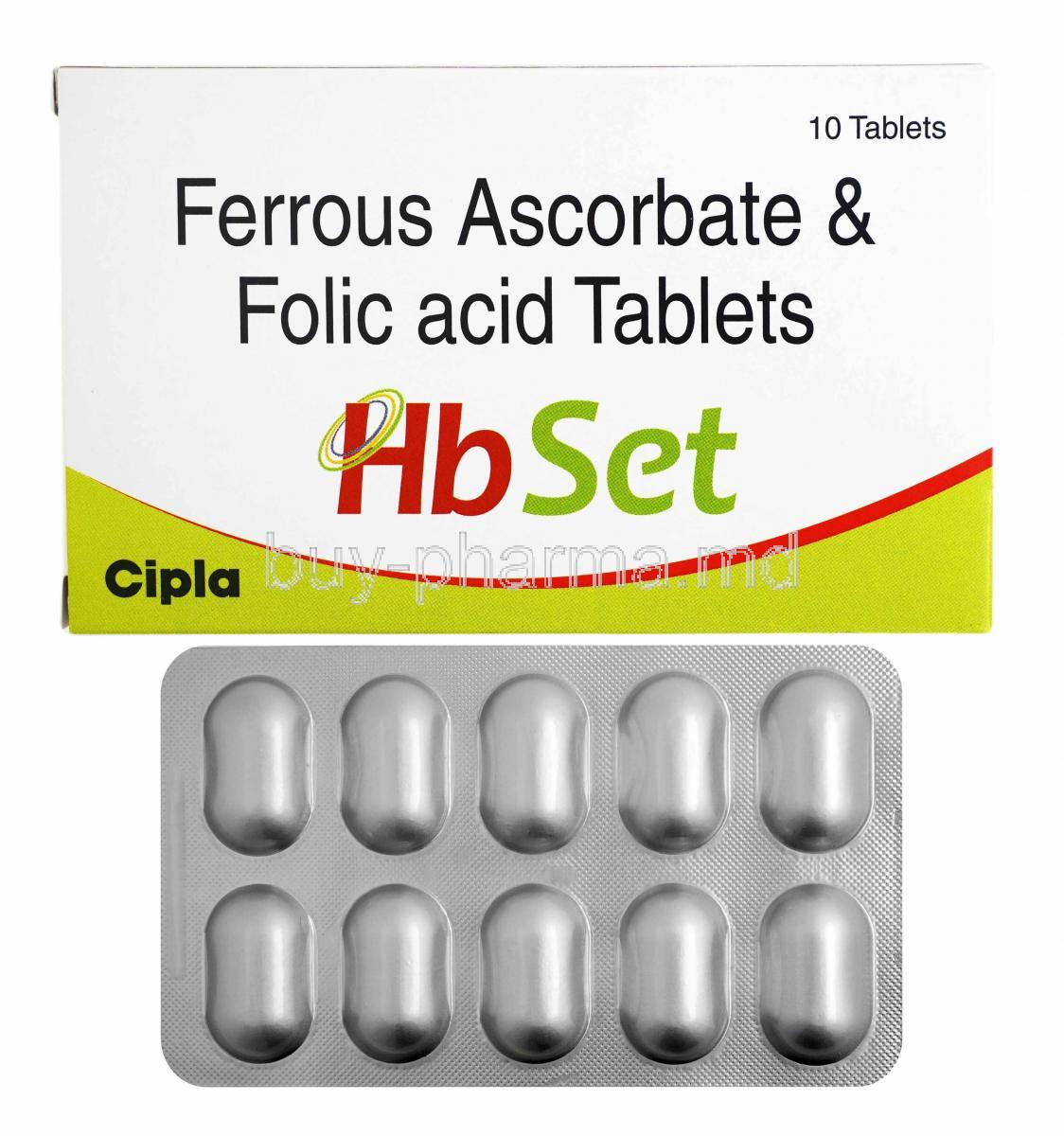 HB Set, Elemental Iron and Folic Acid box and tablets