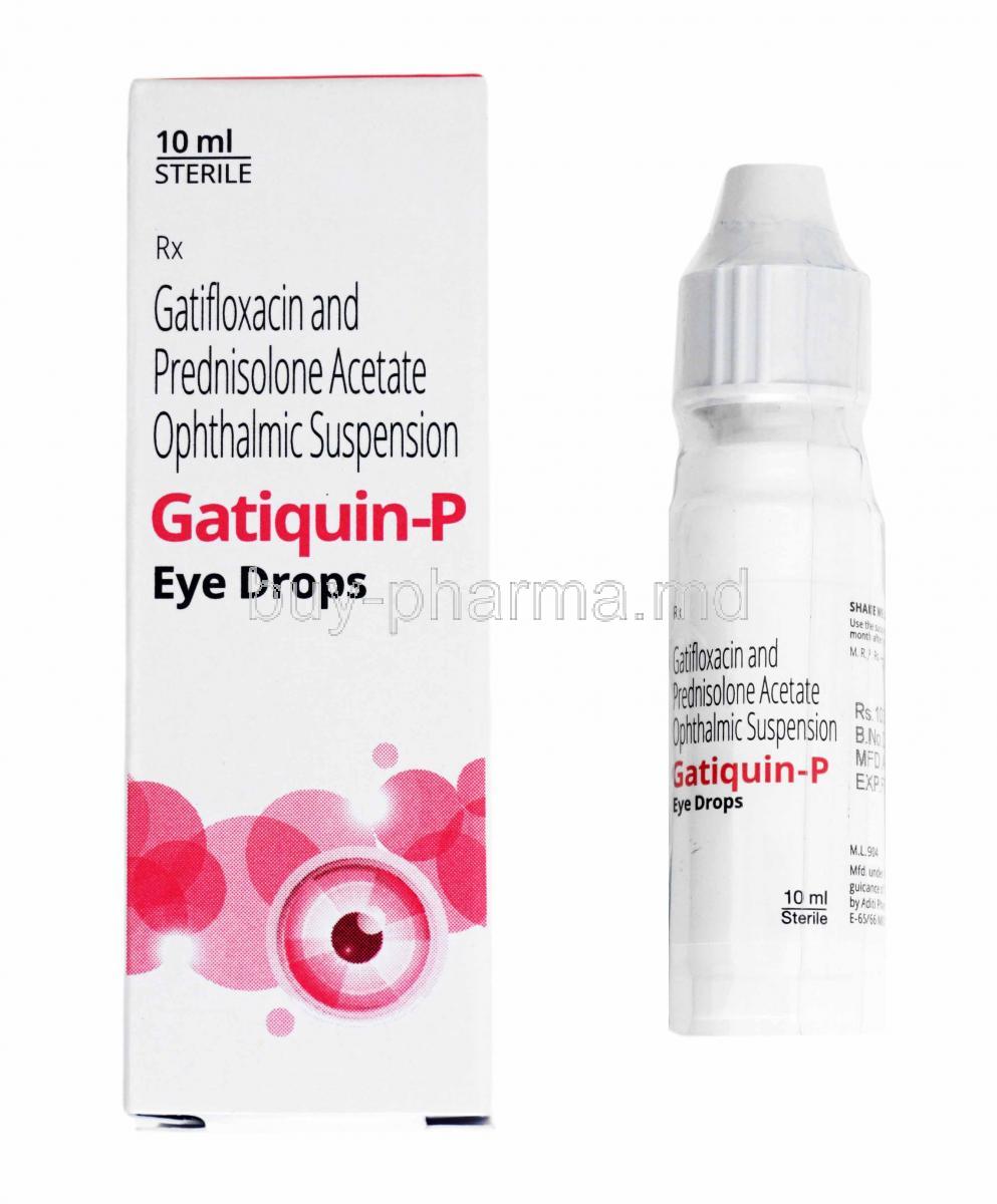 Gatiquin-P Eye Drops, Gatifloxacin and Prednisolone box and bottle