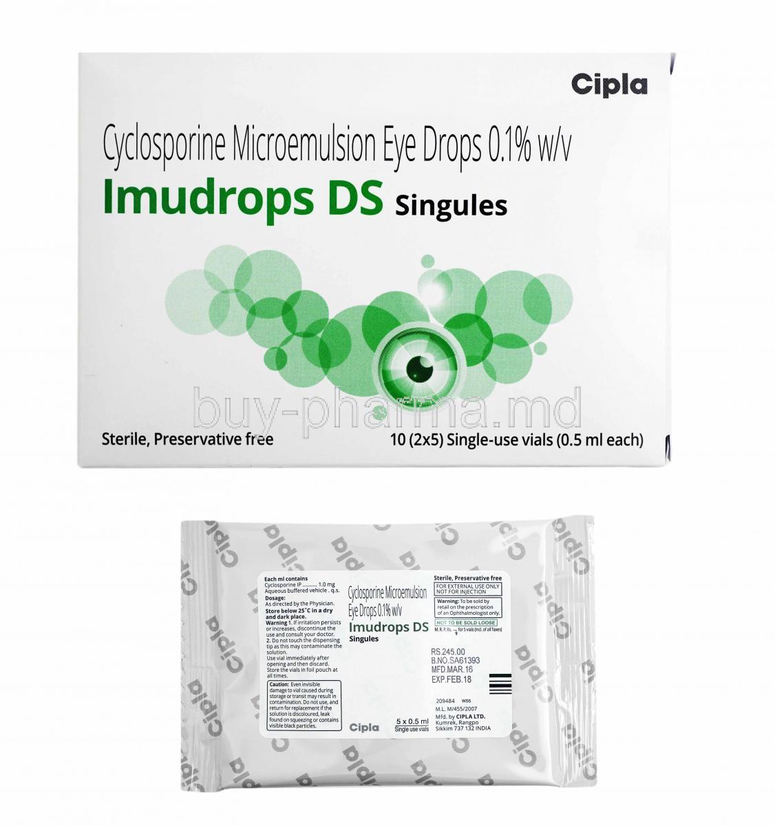 Imudrops Singules Eye Drop, Cyclosporine box and drops