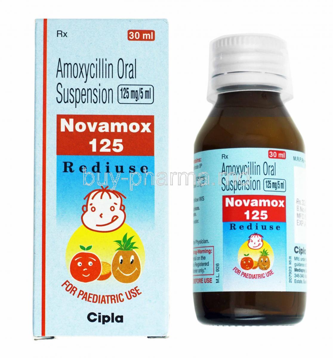 Novamox Rediuse Oral Suspension 30ml, Amoxycillin 125mg box and bottle