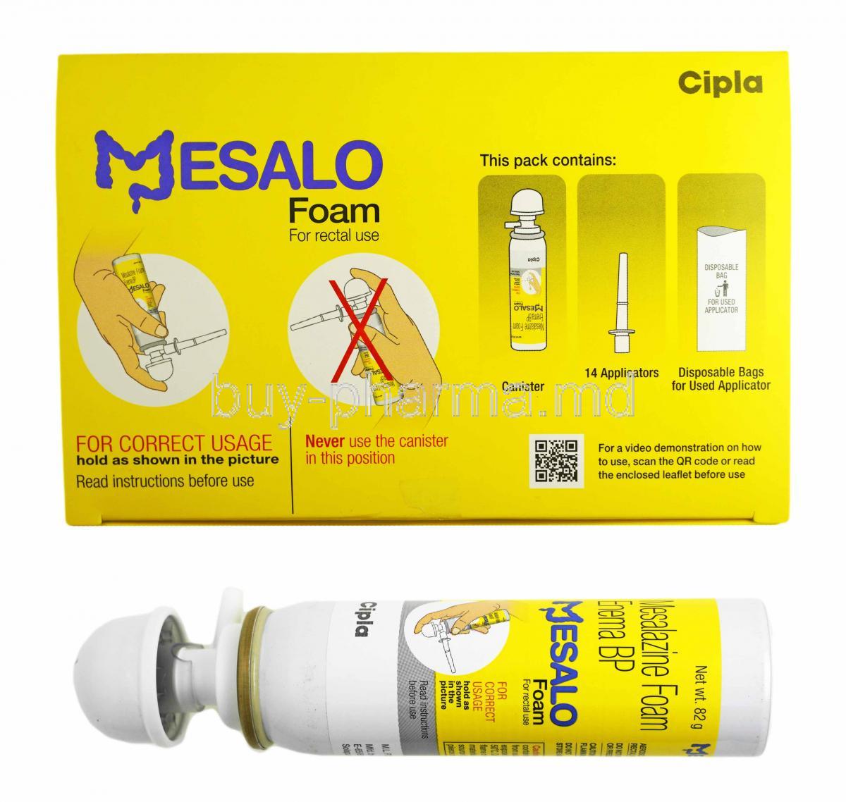 Mesalo Foam For rectal use, Mesalazine box and bottle