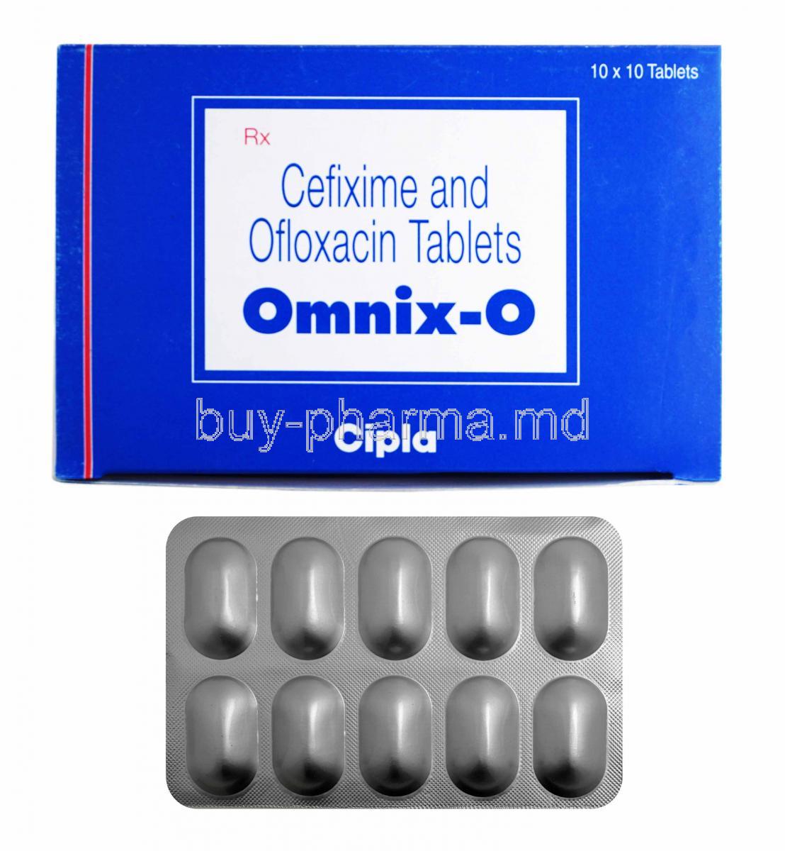 Omnix-O, Cefixime and Ofloxacin box and tablets