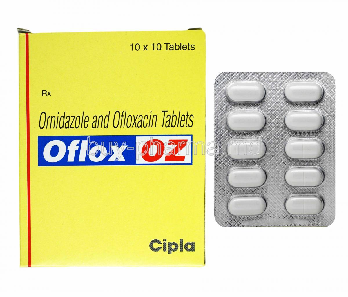 Oflox OZ, Ofloxacin and Ornidazole box and tablets