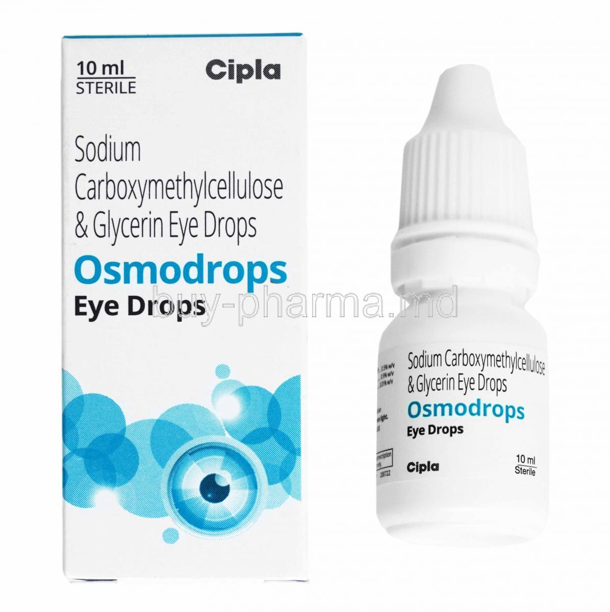 Osmodrops Eye Drop, Carboxymethylcellulose and Glycerin box and bottle