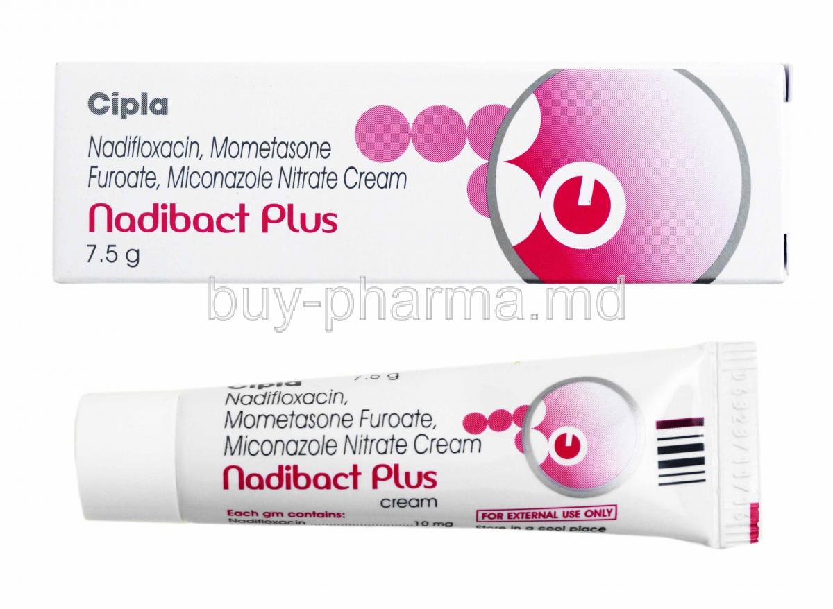 Nadibact Plus Cream, Miconazole, Mometasone and Nadifloxacin box and tube