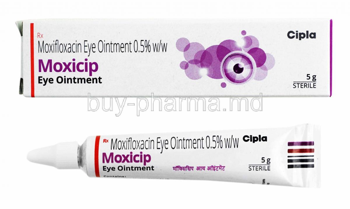 Moxicip Eye Ointment, Moxifloxacin box and tube