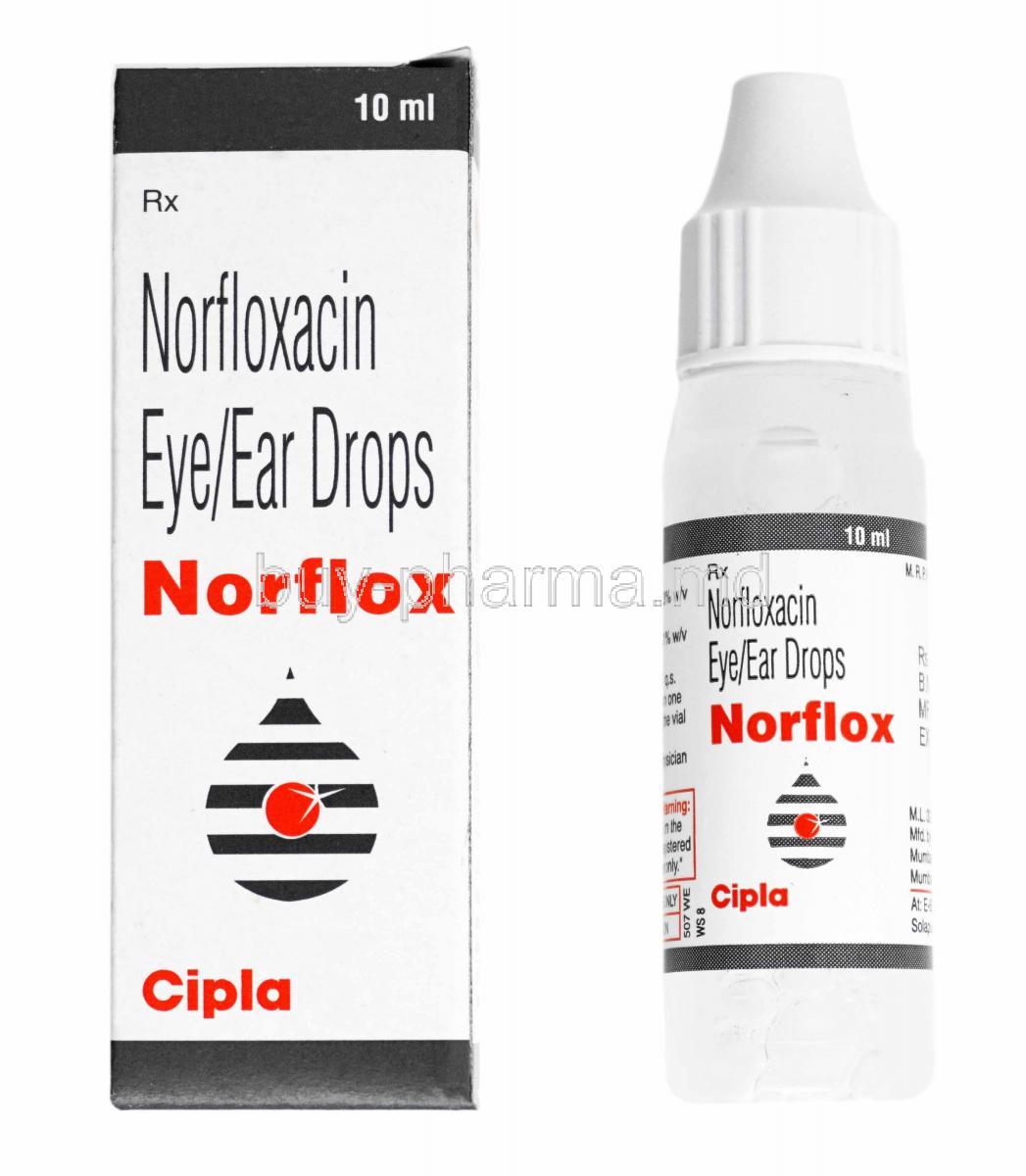 Norflox Eye Ear Drops, Norfloxacin box and bottle