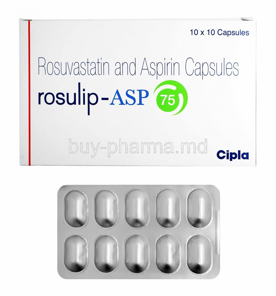 Rosulip-ASP, Rosuvastatin and Aspirin 75mg box and capsules