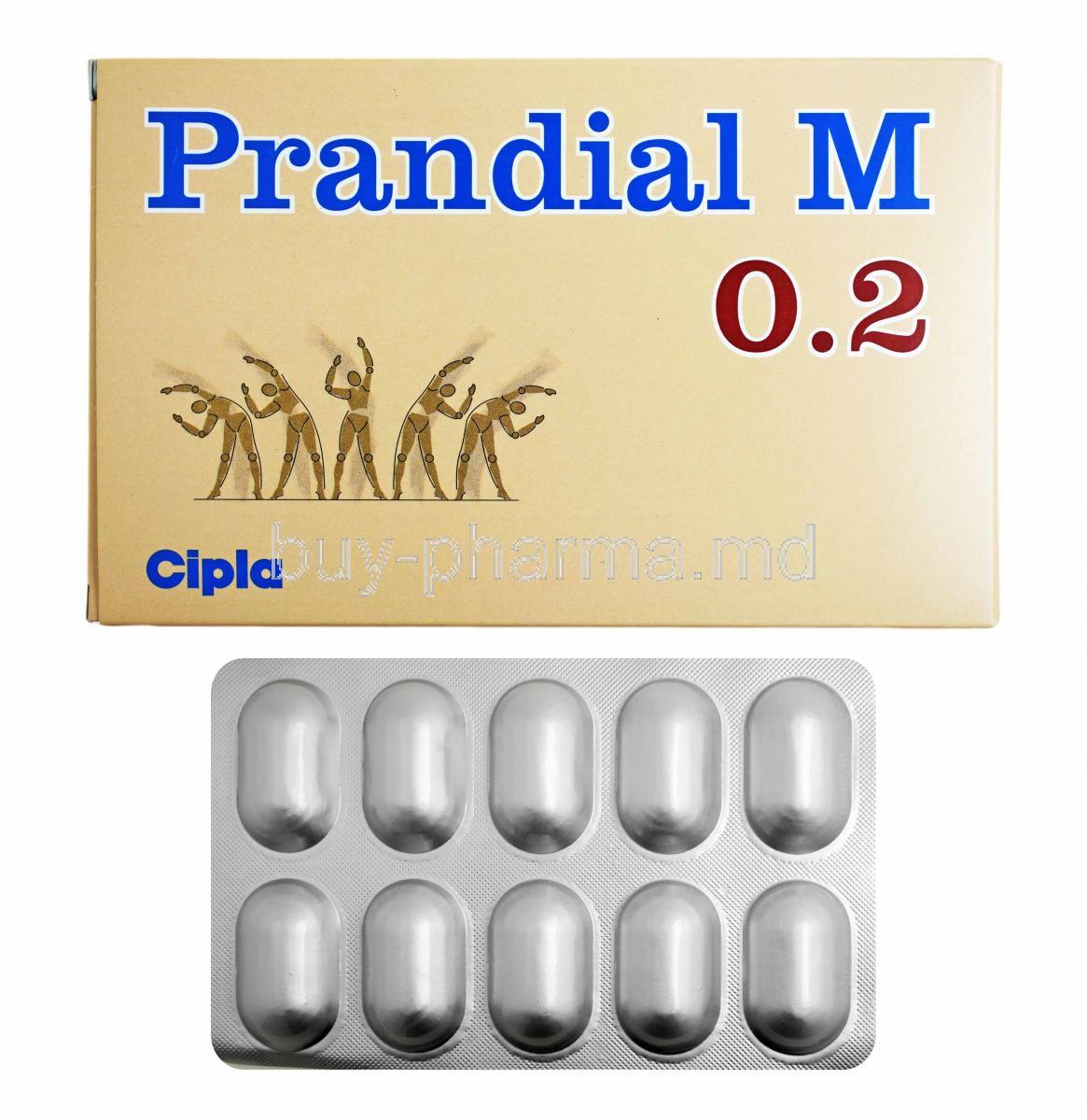 Prandial M, Metformin 500mg and Voglibose 0.2mg box and tablets