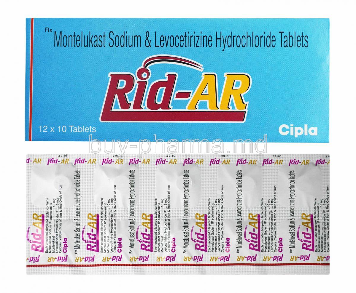 Rid-AR, Levocetirizine and Montelukast box and tablets