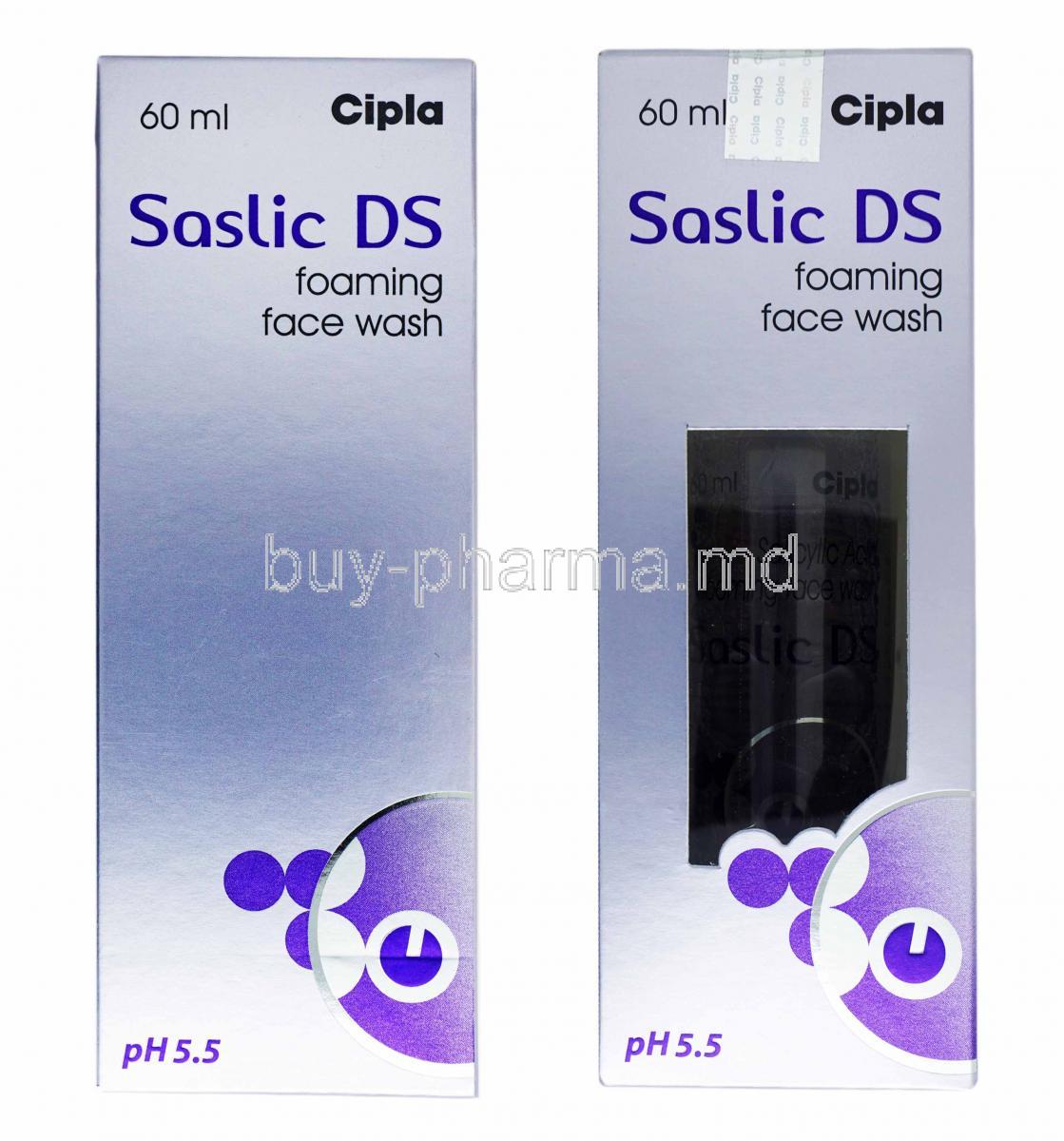 Saslic DS Foaming Face Wash, Salicylic Acid box and bottle