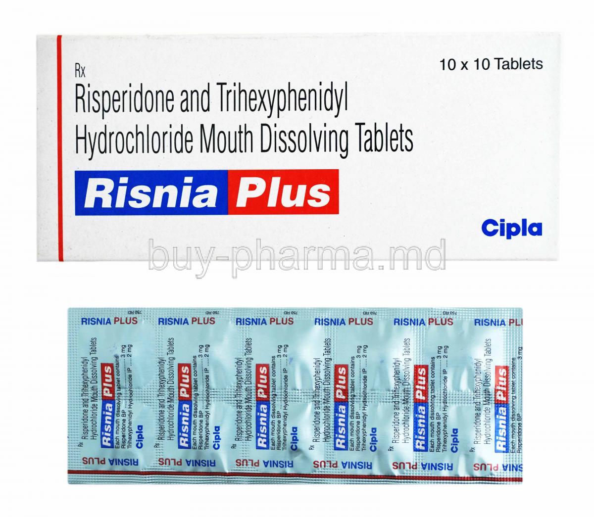 Risnia Plus. Risperidone and Trihexyphenidyl box and tablets