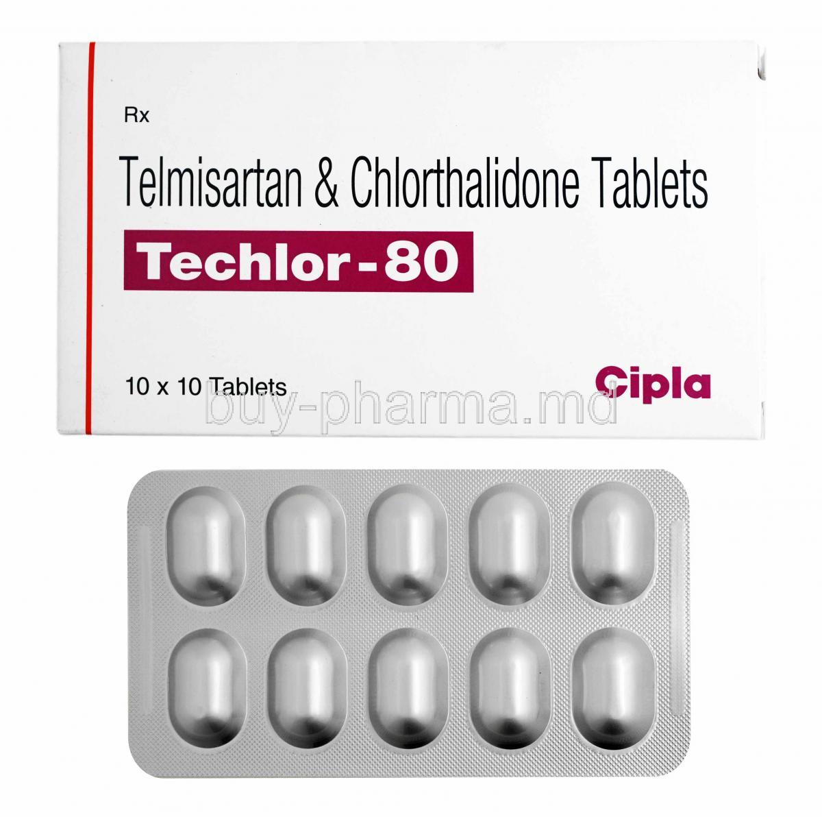 Techlor, Telmisartan 80mg and Chlorthalidone 12.5mg box and tablets