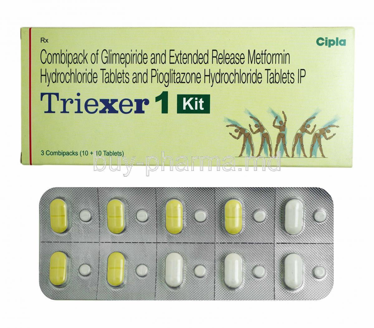 Triexer Kit, Glimepiride 1mg, Metformin 500mg and Pioglitazone 15mg box and tablets