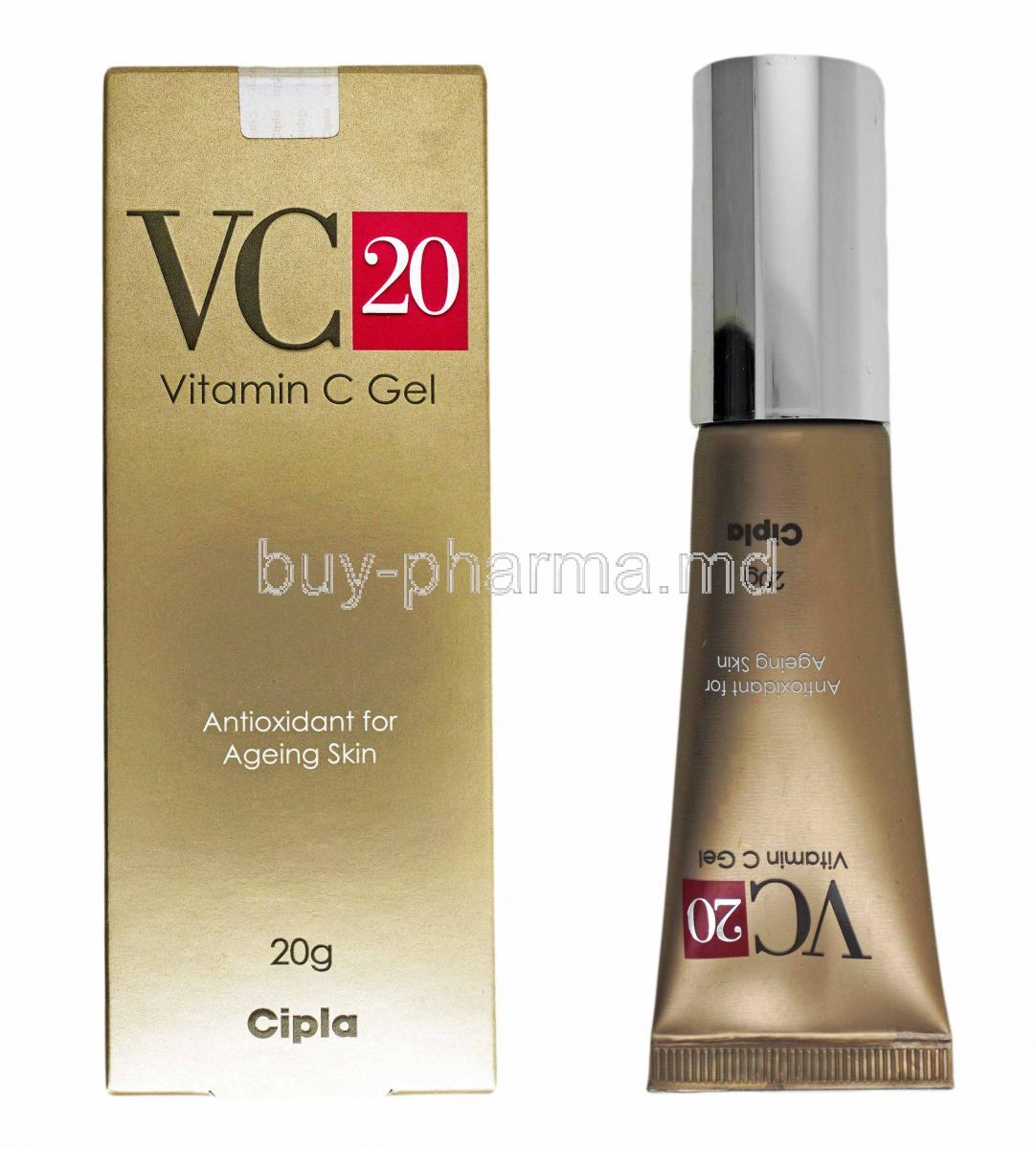 VC 20 Vitamin C Gel, L-Ascorbic Acid box and bottle