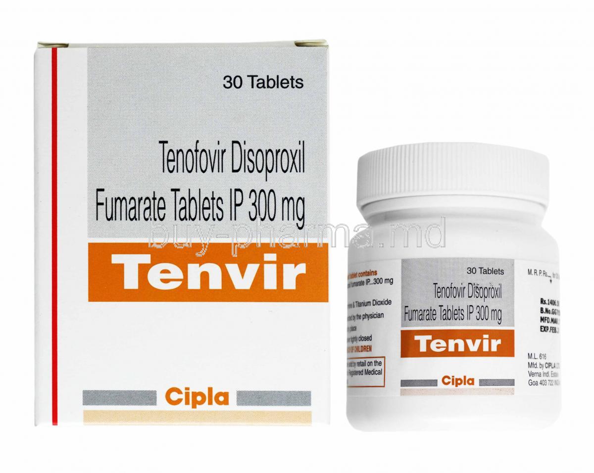 Tenvir, Tenofovir disoproxil fumarate 300mg box and bottle