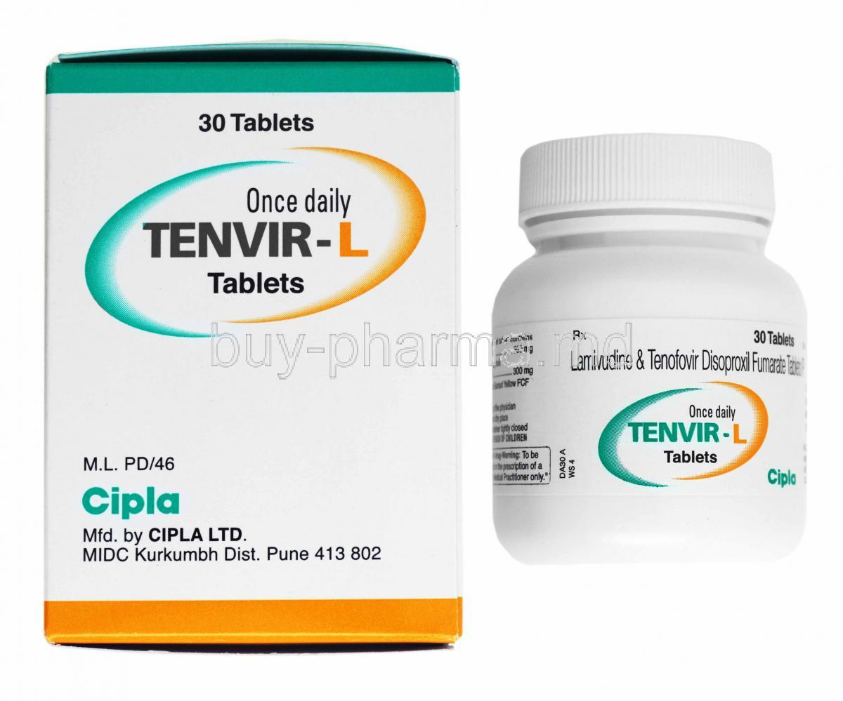Tenvir-L, Lamivudine and Tenofovir disoproxil fumarate box and bottle