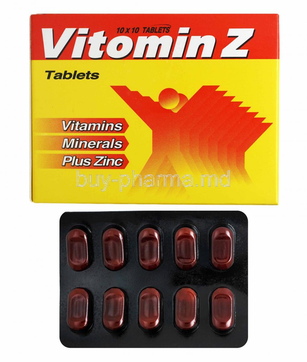 Vitomin Z, Multivitamins, Multimineral and Antioxidants box and tablets