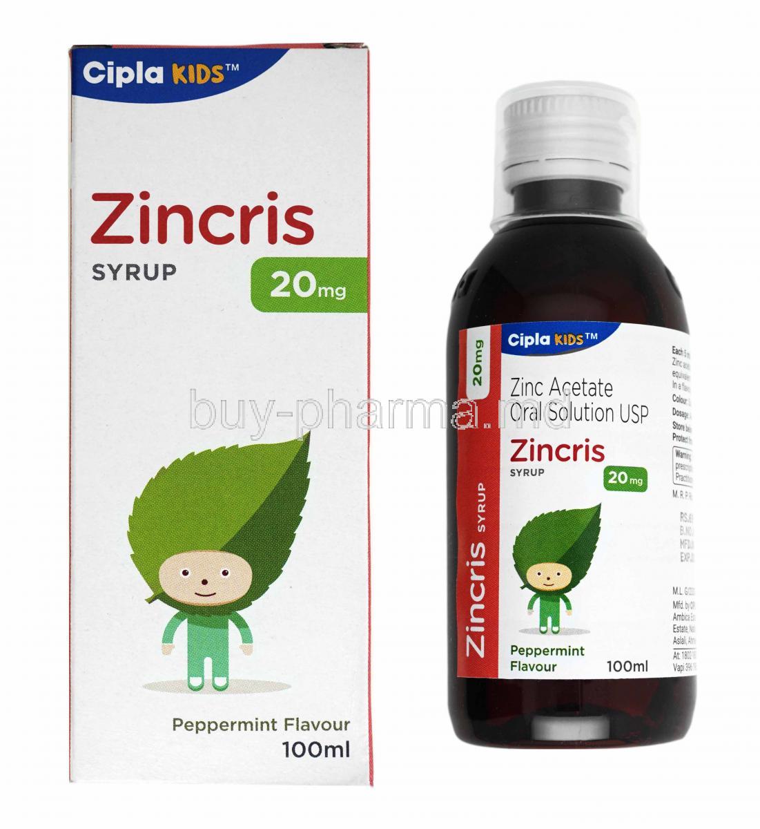 Zincris Syrup, Zinc Acetate box and bottle